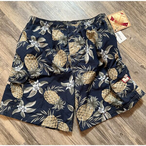 Vtg Caribbean Joe Swim Trunks Lined Pineapple Zip Pocket Large w/ Pouch